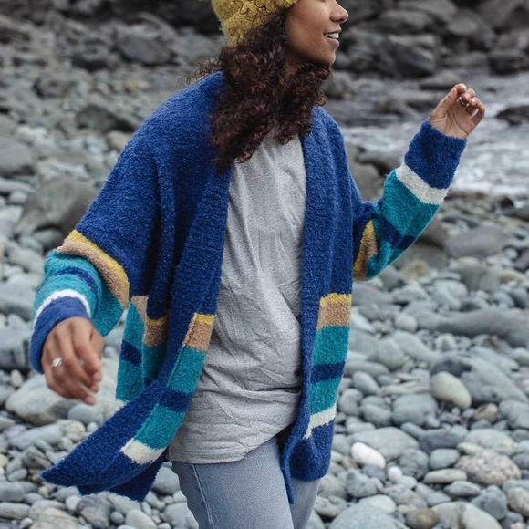 Passenger Sweaters - Passenger Riverglen Wool Blend Blue Stripe Fuzzy Cardigan Sweater Size Medium